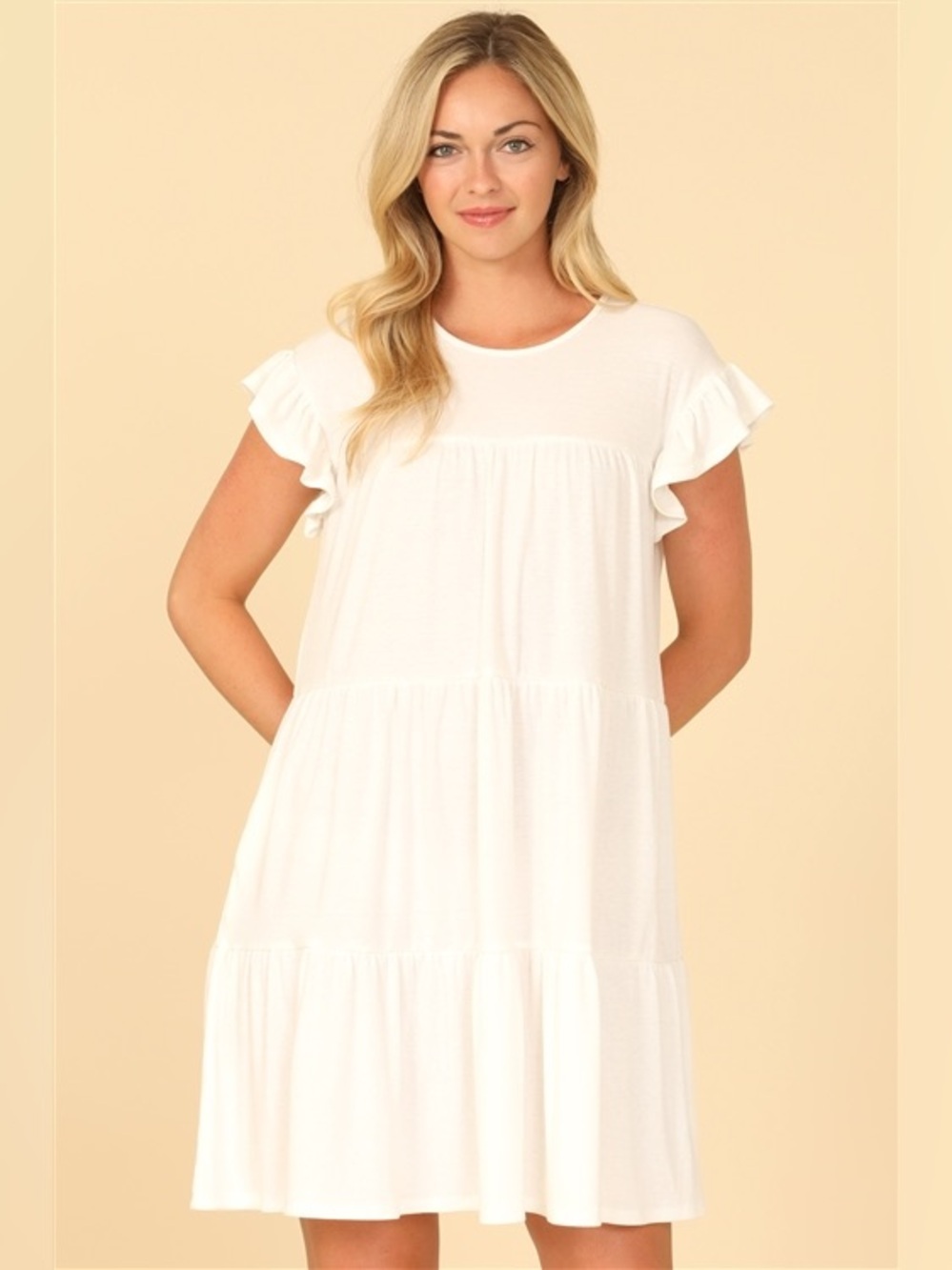Ivory Ribbed Ruffle Sleeve Tiered Mini Dress | Pockets | Casual Chic